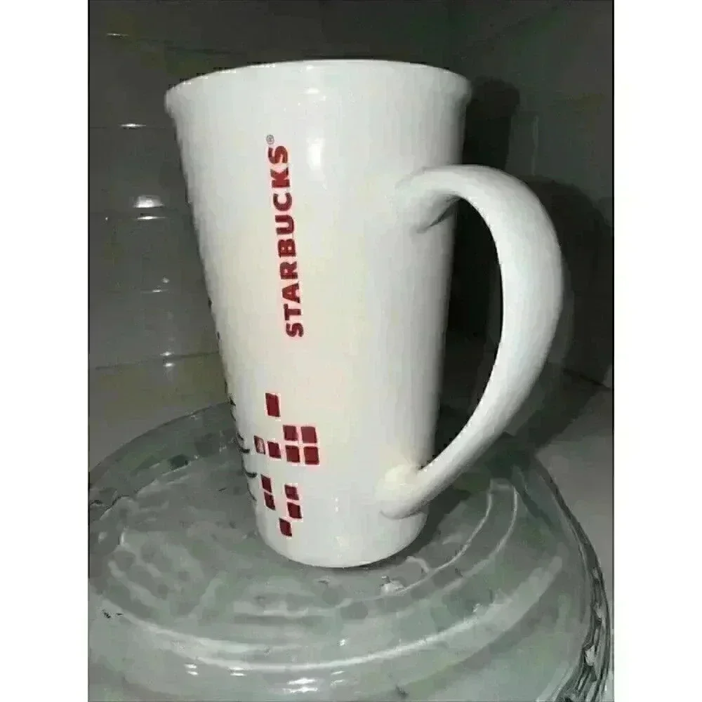 Starbucks 2014 Tall White Mug w/ Red Pine Tree Block Graphics 17.8 oz Preowned